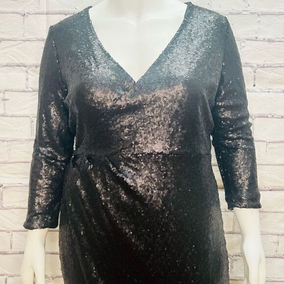 Eloquii Womens Black Sequined Faux Wrap Long Sleeve Midi Dress Size 18 (NWOT) - Picture 2 of 7